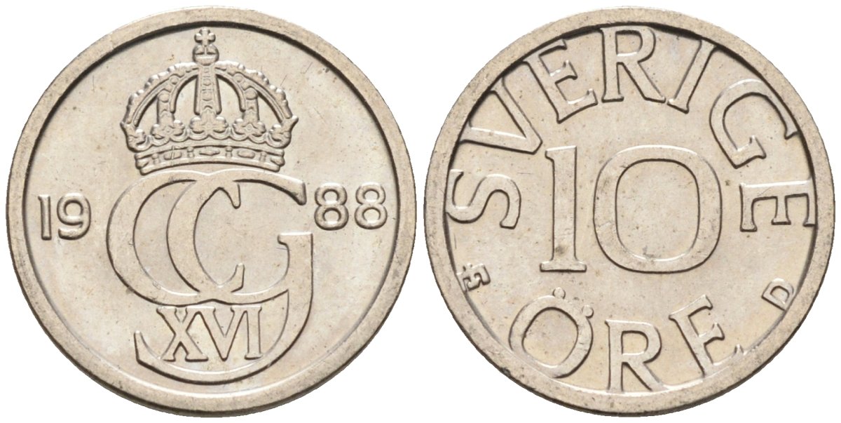 Швеция 10 эре 1988 Карл XVI Густав (1973- ) KM 850 медно-никель UNC 4585-434