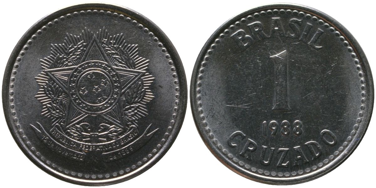Бразилия 1 крузадо 1988 KM 605, Schon 114 нержавеющая сталь 4519-511
