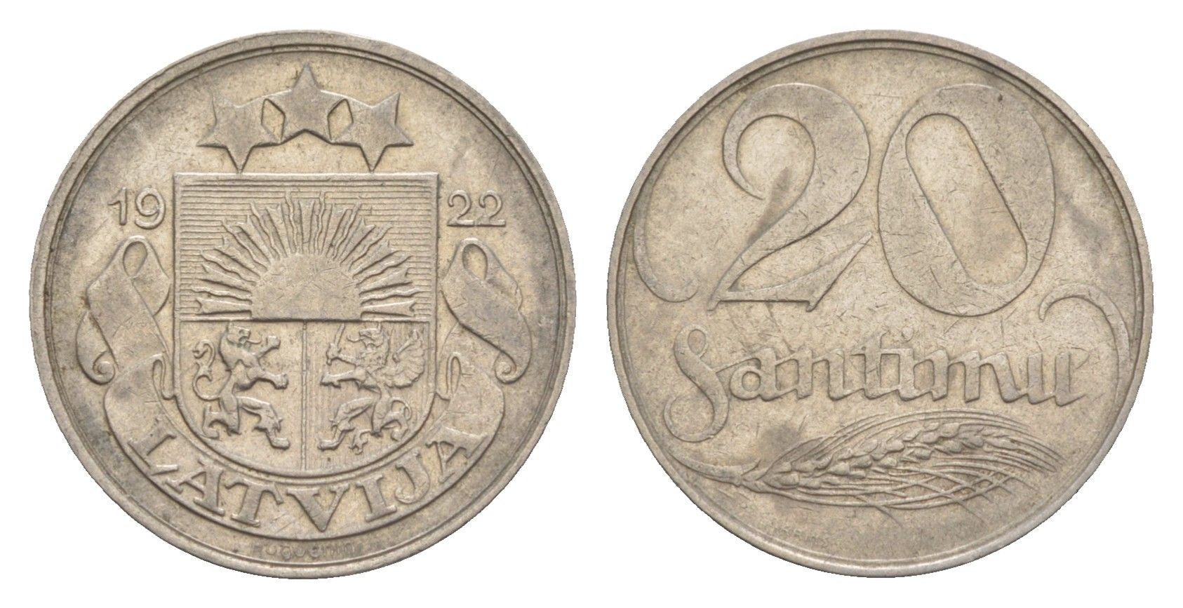 Латвия 20 сантимов 1922 год-тип KM 5 никель 4658-1243