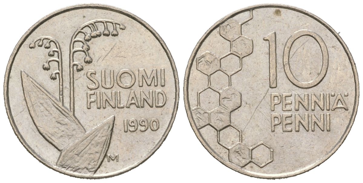 Финляндия 10 пенни 1990 M KM 65 медно-никель aUNC 99-1062