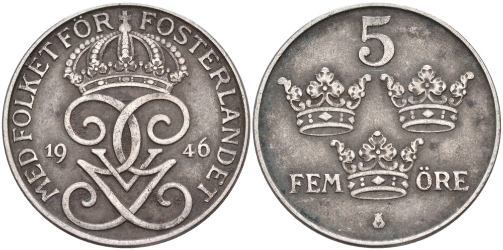 Швеция 5 эре 1946 Густав V (1907-1950) KM 812 железо 4557-721