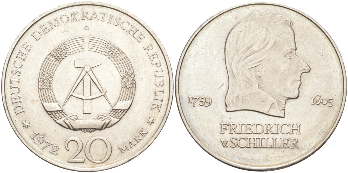 ГДР 20 марок 1972 А, Фридрих Шиллер (1759-1805) KM 40 медно-никель 3855-1235