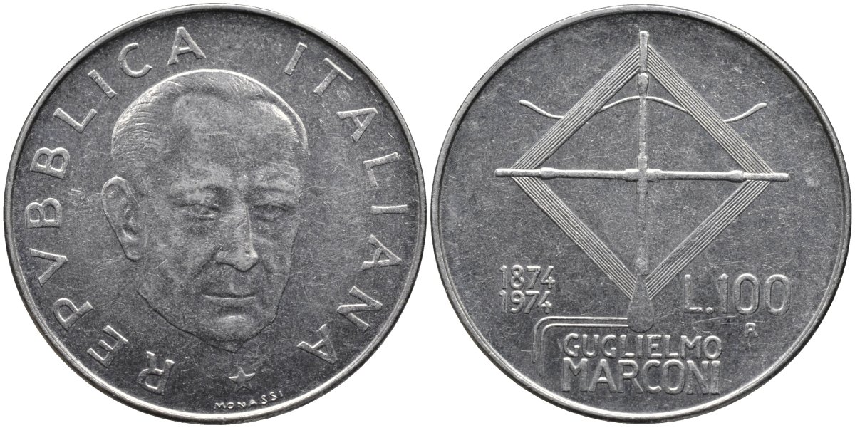Италия 100 лир 1974 R, 100 лет со дня рождения МАРКОНИ KM 102 нержавеющая сталь 4165-132