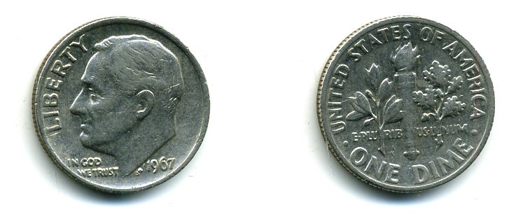 США 10 центов (дайм) 1967 Рузвельт KM 195а медь плакированная медно-никелем 46-2355