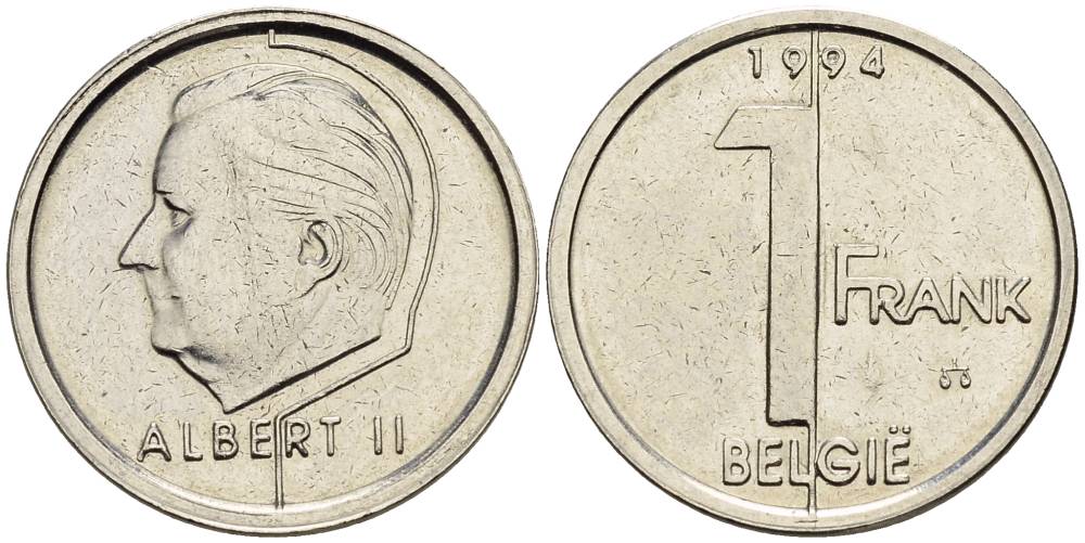 БЕЛЬГИЯ 1 ФРАНК 1994 BELGIE, АЛЬБЕРТ II (1993-) KM 188 сталь плакированная никелем 4528-1033