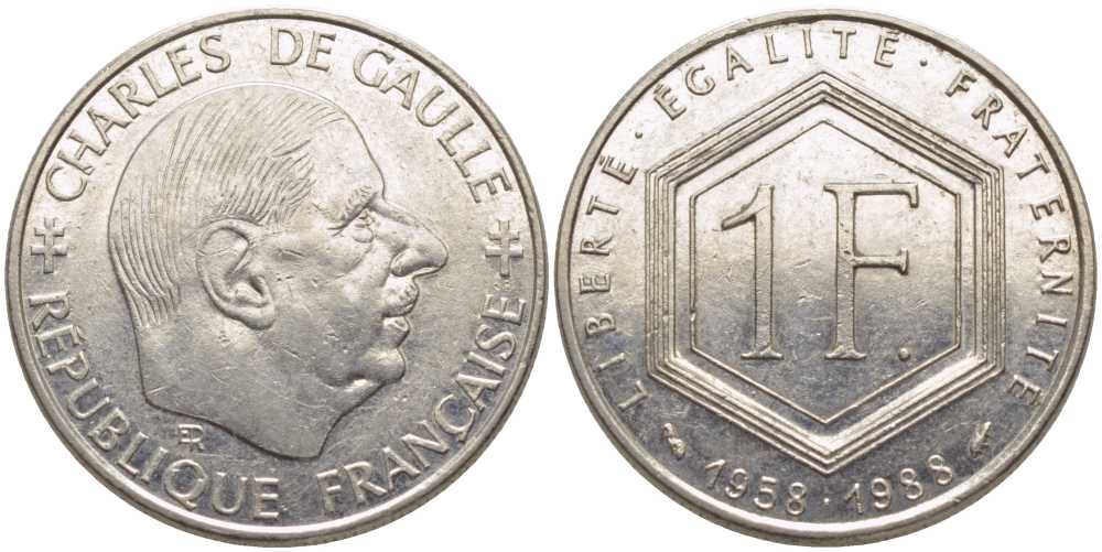 ФРАНЦИЯ 1 ФРАНК 1988 ШАРЛЬ ДЕ ГОЛЛЬ, 30 ЛЕТ РЕСПУБЛИКЕ KM 943, LA FRANC 227.2 никель 175-554