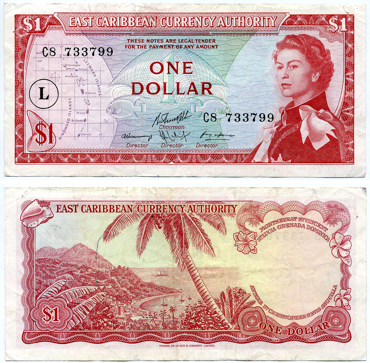 Восточно-Карибские штаты 1 доллар 1965 Британская администрация, подпись 10, серия С8, В КРУГЕ буква "L" (СЕНТ ЛЮСИЯ) Pick 13l бумага VF-XF 2197-29-3-1