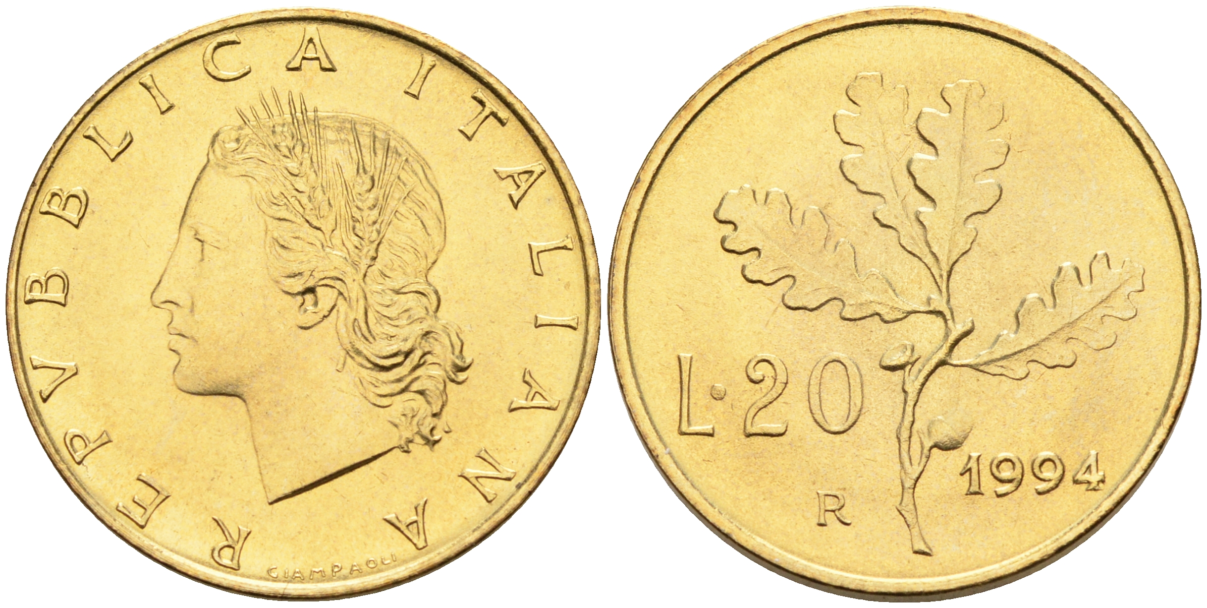 Италия 20 лир 1994 R, дубовый лист KM 97.2 алюминиевая бронза  UNC  4594-859