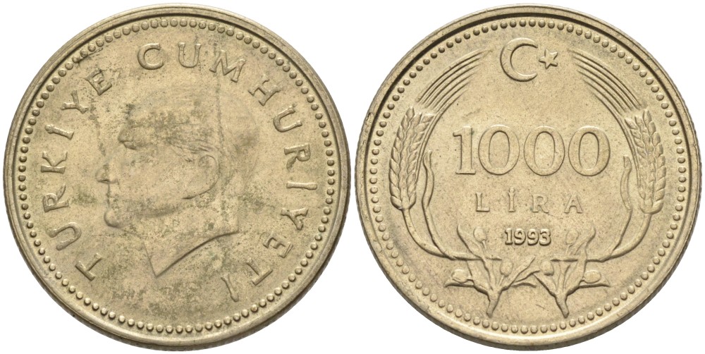 Турция 1000 лир 1993 Кемаль Ататюрк KM 997 медь никель цинк аUNC 4561-134