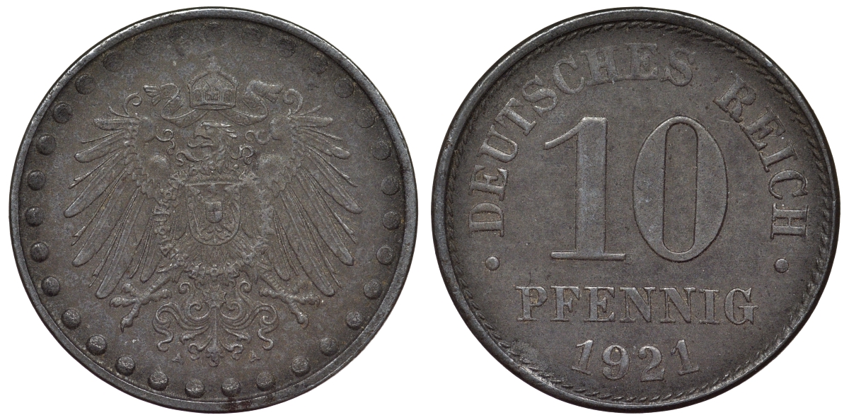 Германия 10 пфеннигов 1921 A KM 20, J. 298 железо 4119-144