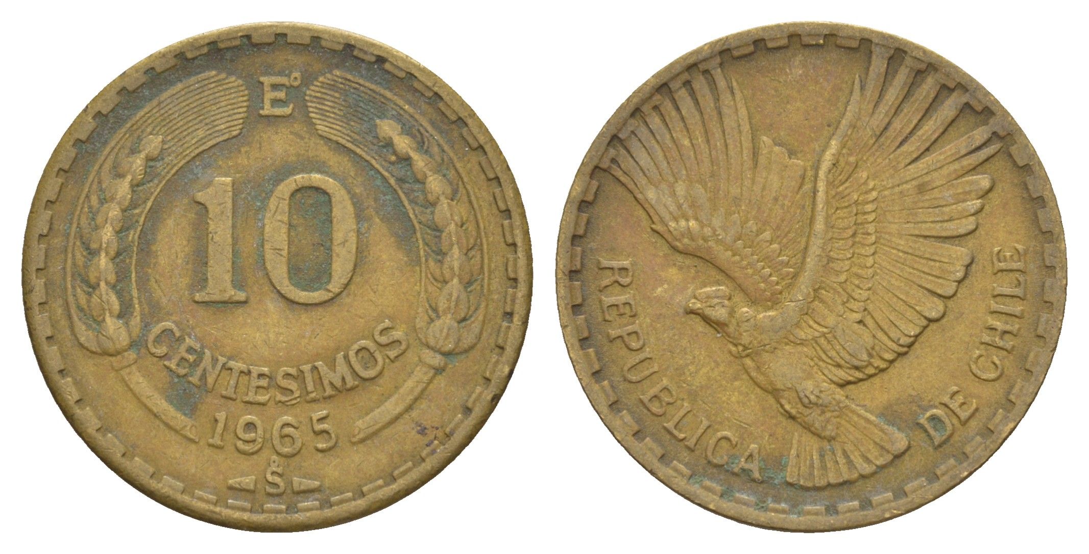 Чили 10 сентесимо 1969 KM 191 алюминиевая бронза 4656-1022