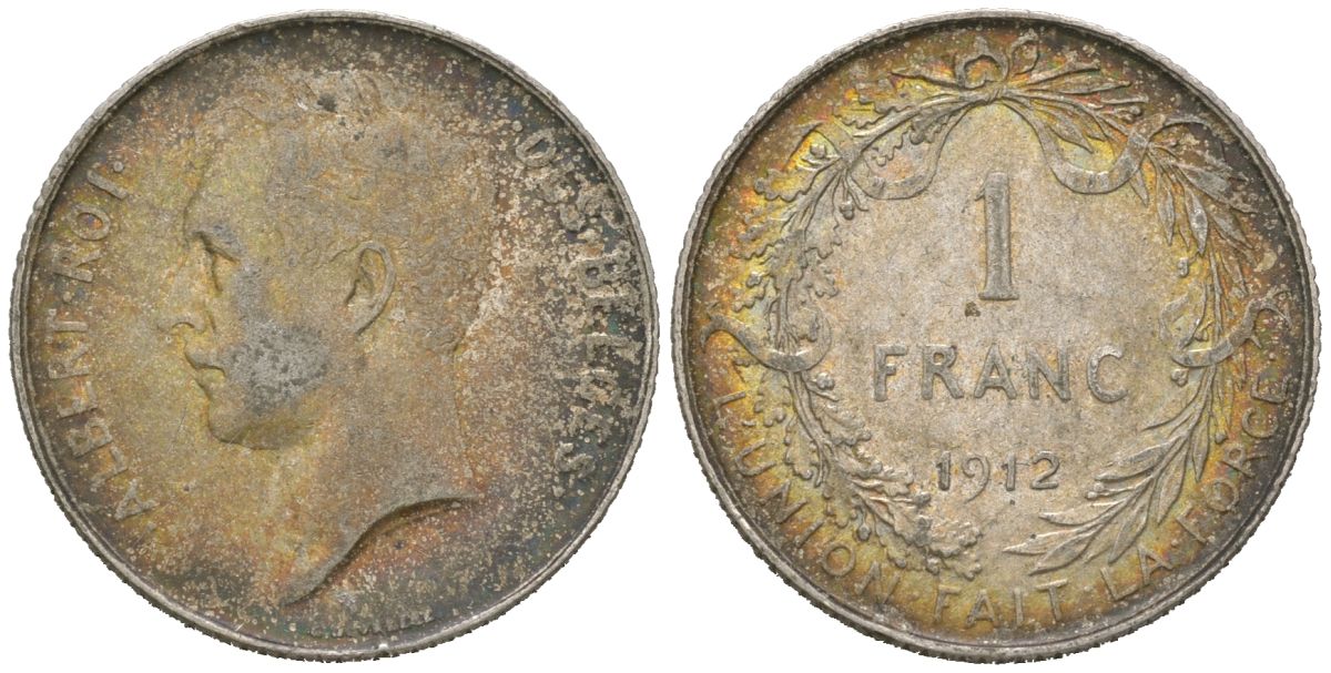 Бельгия 1 франк 1912 DES BELGES, Альберт I (1909-1934) KM 73 серебро 4543-1214