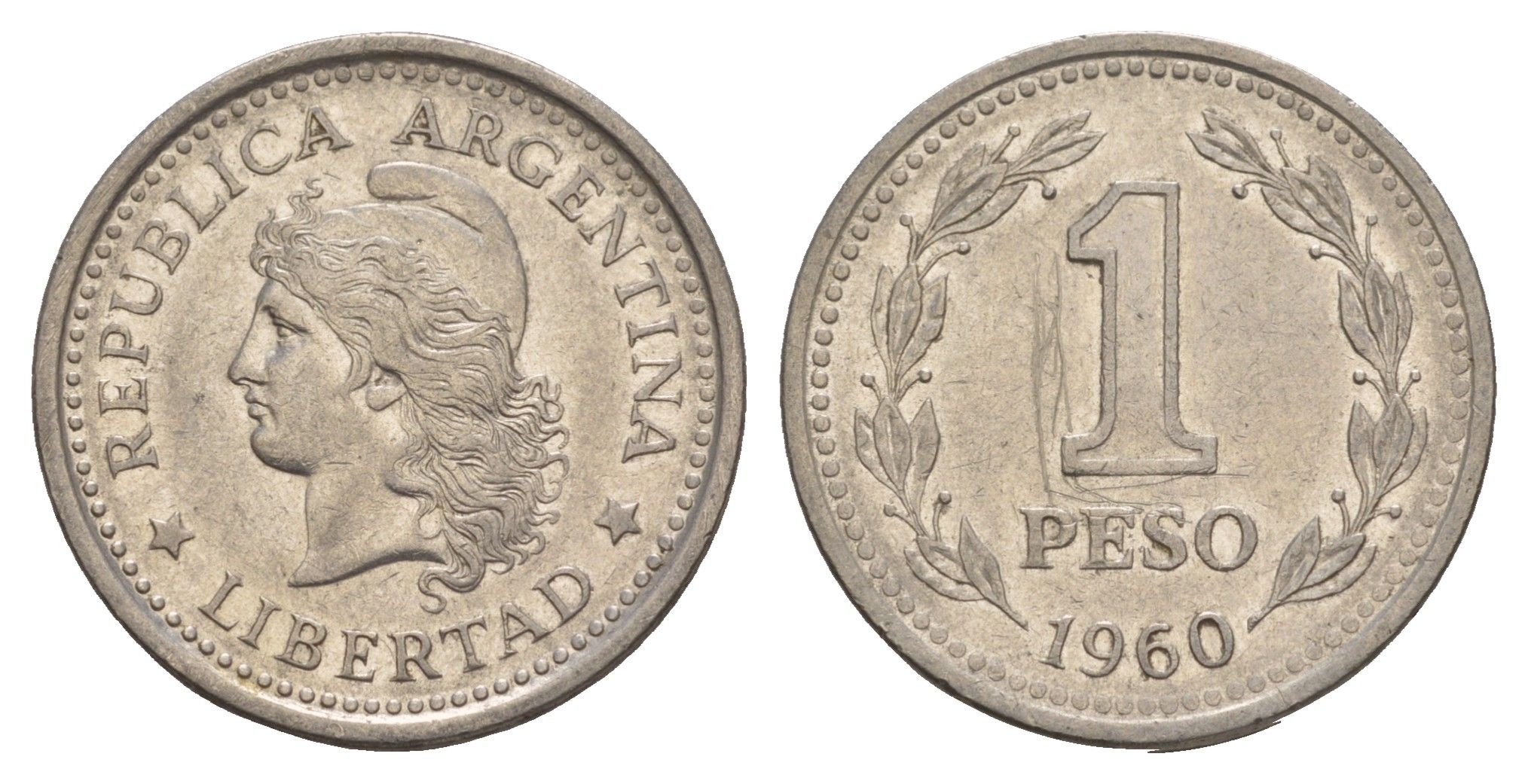Аргентина 1 песо 1960 KM 57 сталь плакированная никелем 4656-1136