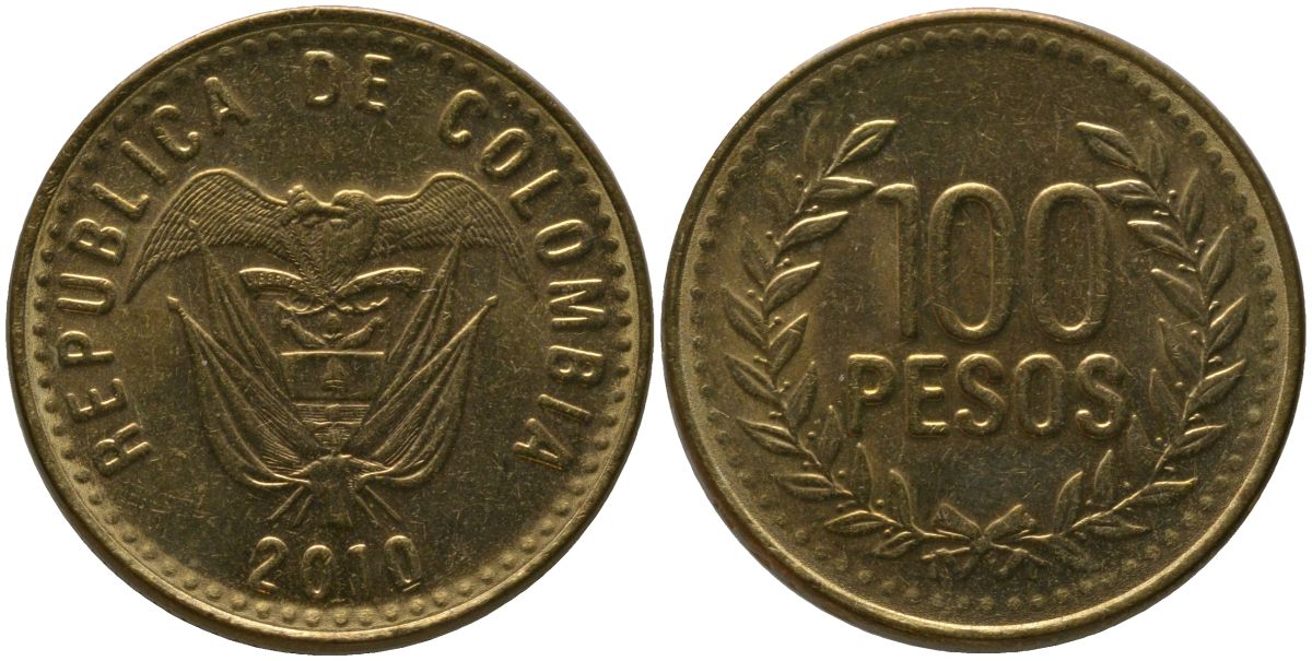 Колумбия 100 песо 2010 KM 285.2, Restrepo 445.11 латунь 4539-137