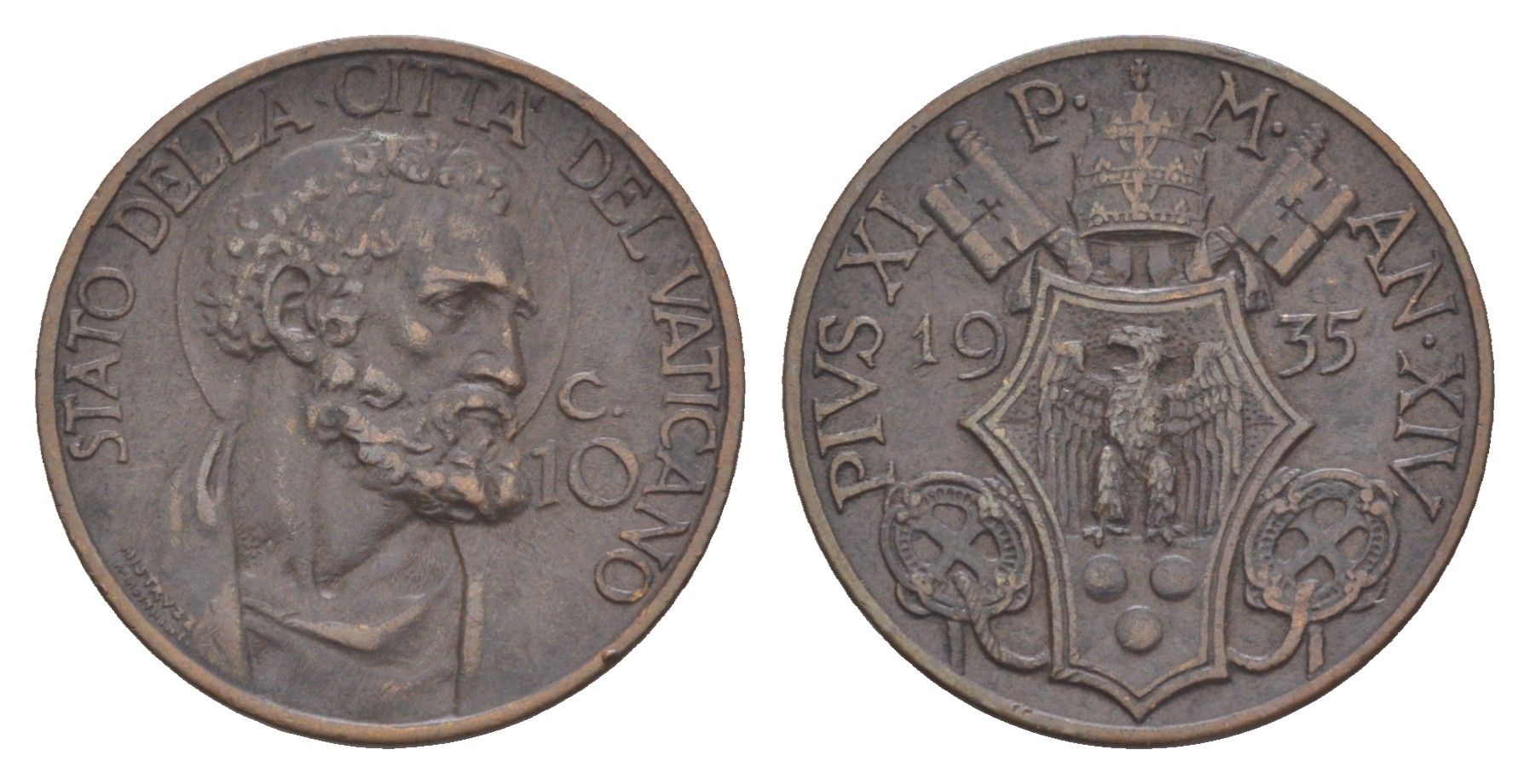 Ватикан 10 чентезимо 1935 Пий XI (1922-1939) KM 2 бронза 633-312