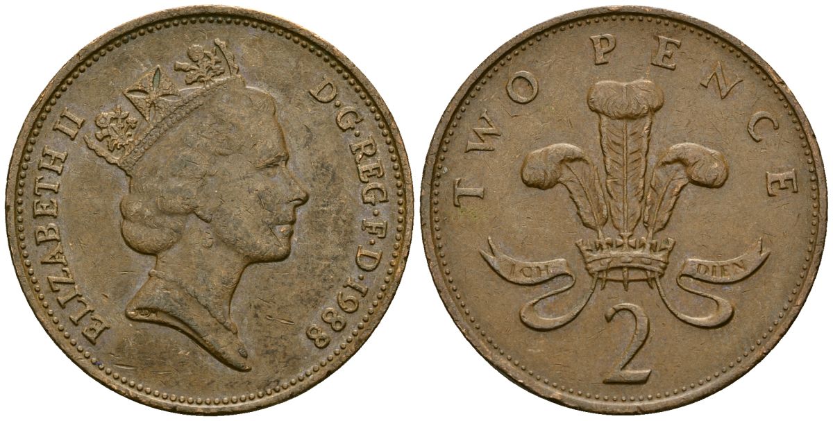 Великобритания 2 пенса 1988 Елизавета II (1952-2022) KM 936, Spink 4376 (C3) бронза 4167-535