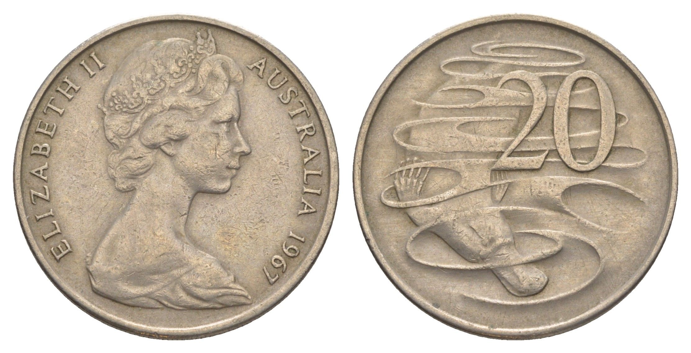 Австралия 20 центов 1967 Елизавета II (1952-2022), утконос KM 66 медно-никель 4384-1136