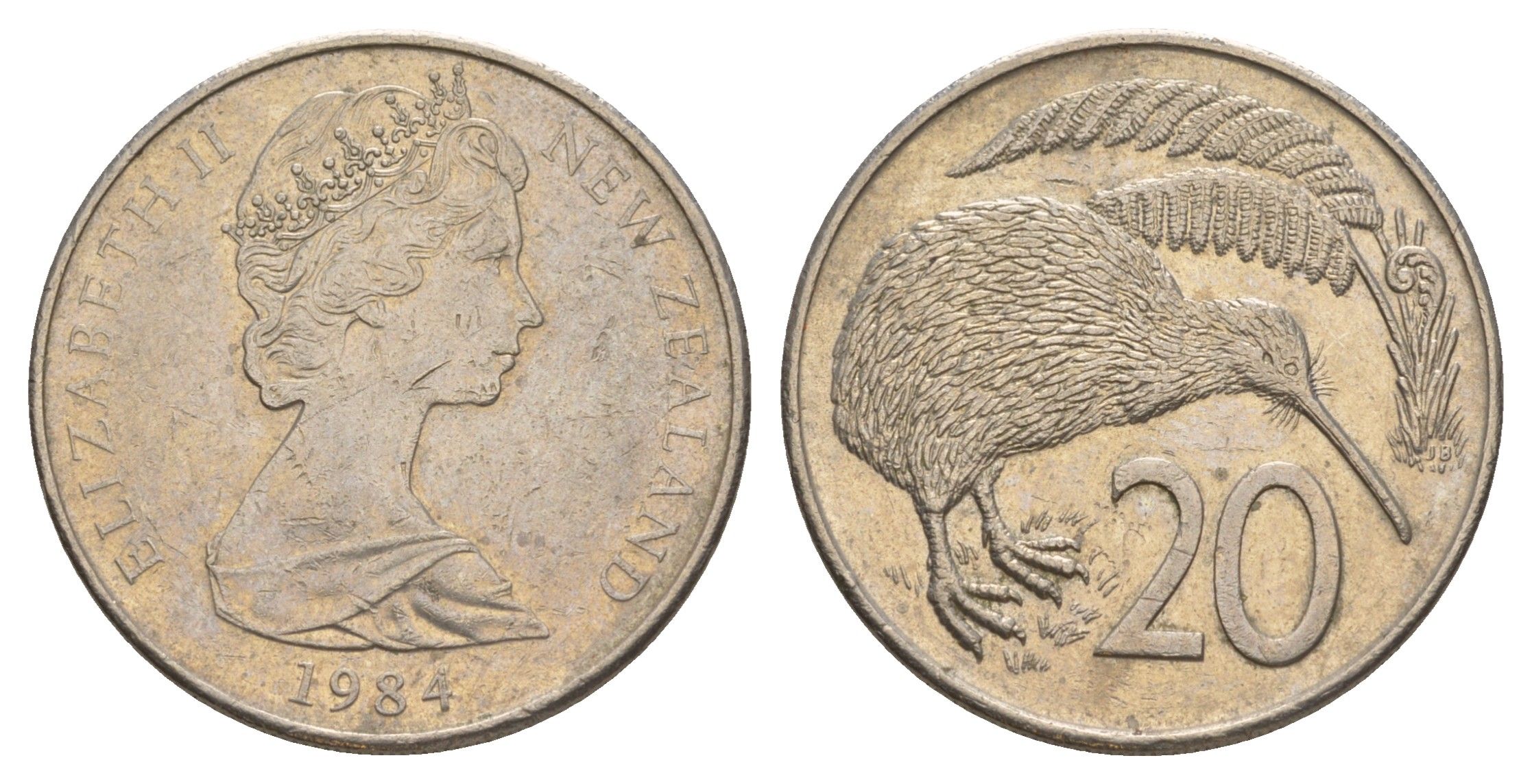 Новая Зеландия 20 центов 1984 Елизавета II (1952-2022), птичка киви KM 36.2 медно-никель 4182-1241