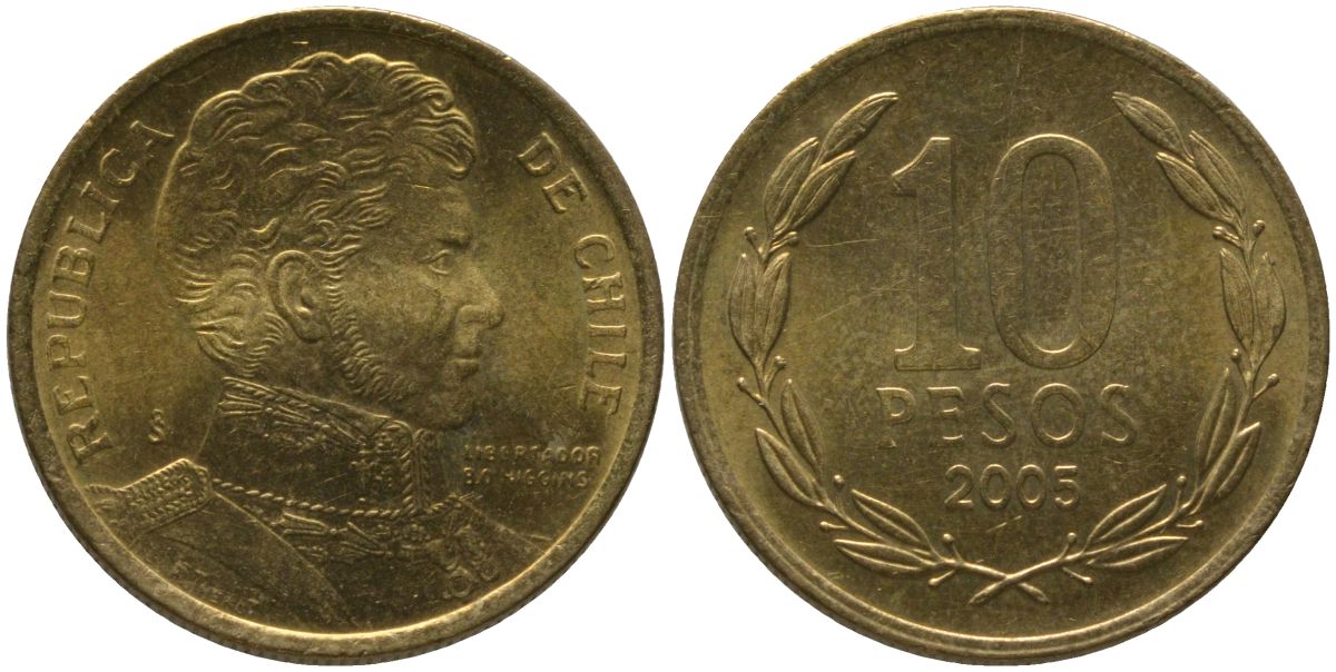 Чили 10 песо 2005 So KM 228.2, Schon 82 алюминиевая бронза UNC 4544-731