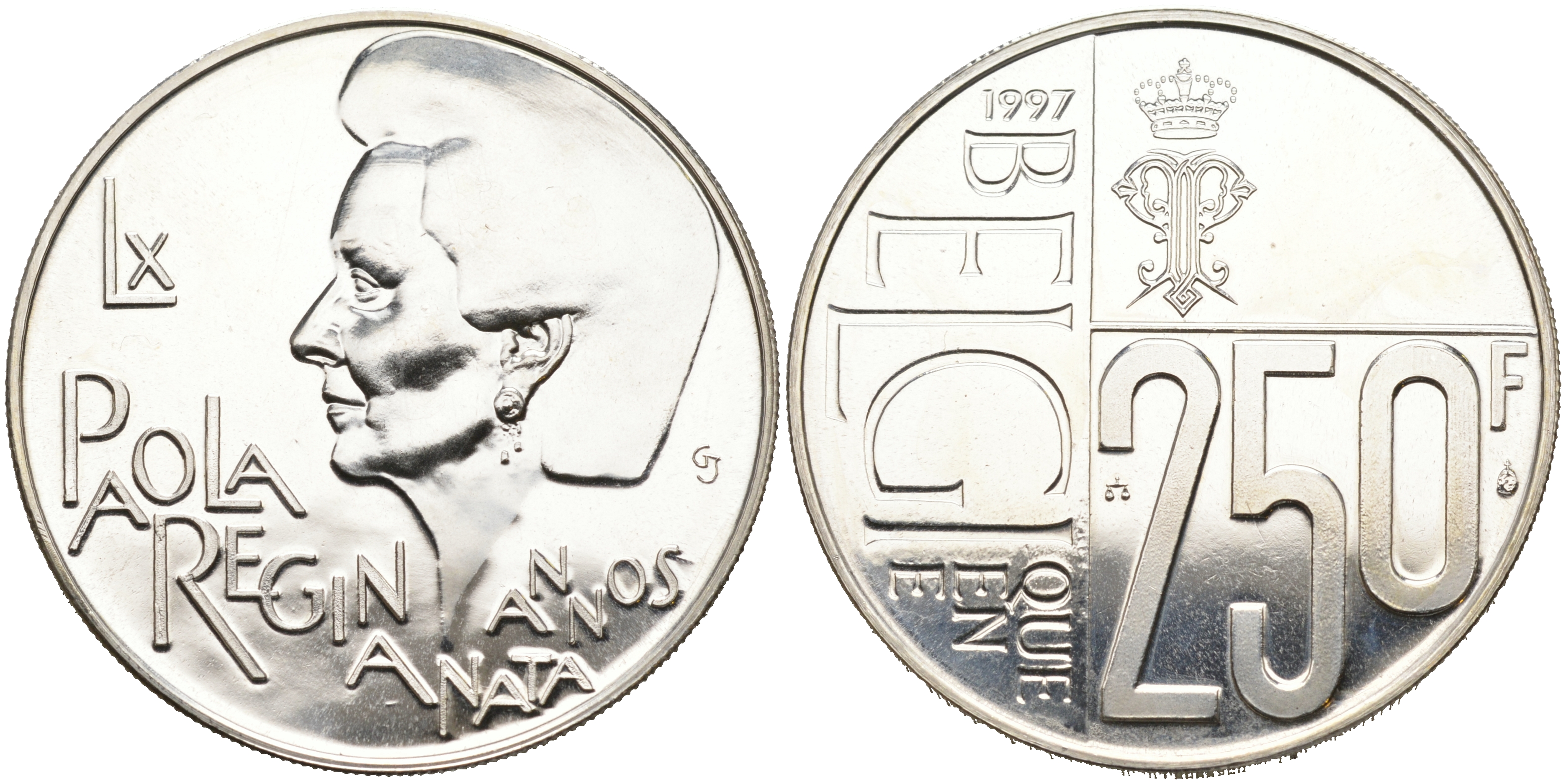 Бельгия 250 франков 1997 60 лет со дня рождения королеве Паоле KM 207 серебро UNC 1096-2-41