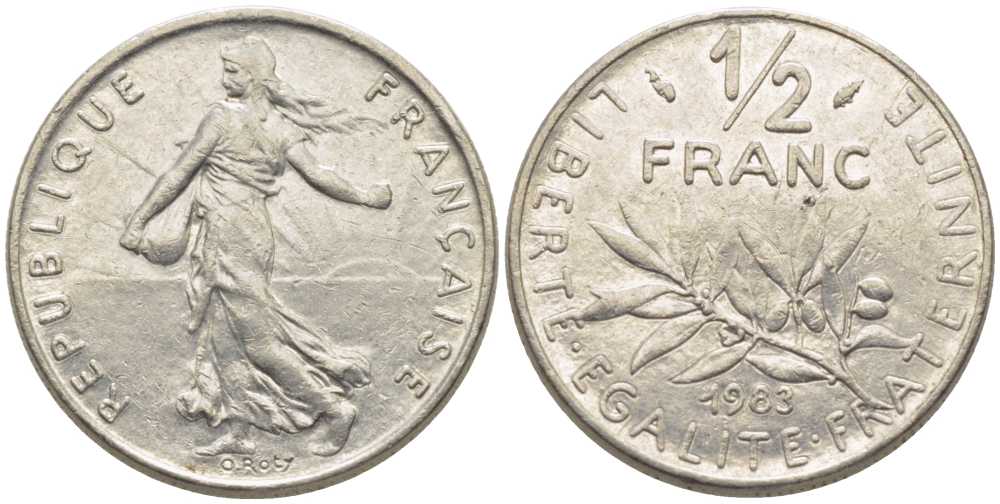 ФРАНЦИЯ 1/2 ФРАНКА 1983 СЕЯТЕЛЬ KM 931.1, LE FRANC 198.22 никель 175-956