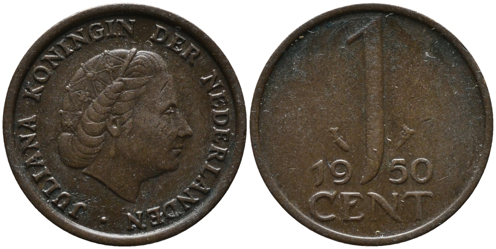 НИДЕРЛАНДЫ 1 ЦЕНТ 1950 ЮЛИАНА KM 180 бронза 80-743