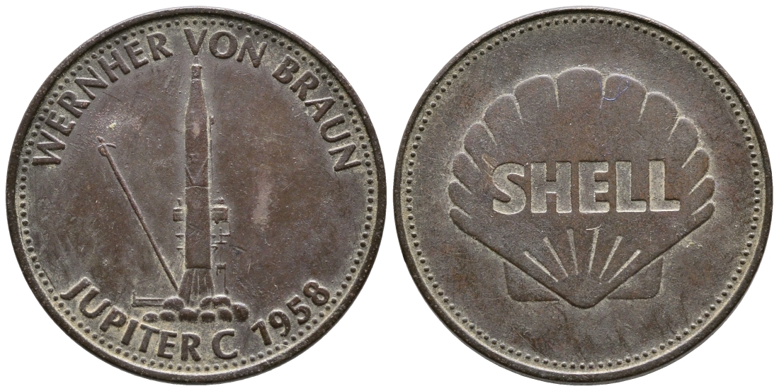 Германия жетон на мойку автомобиля ND SHELL, Вернер фон Браун, ракета Юпитер 1958 год  бронза    4364-4122