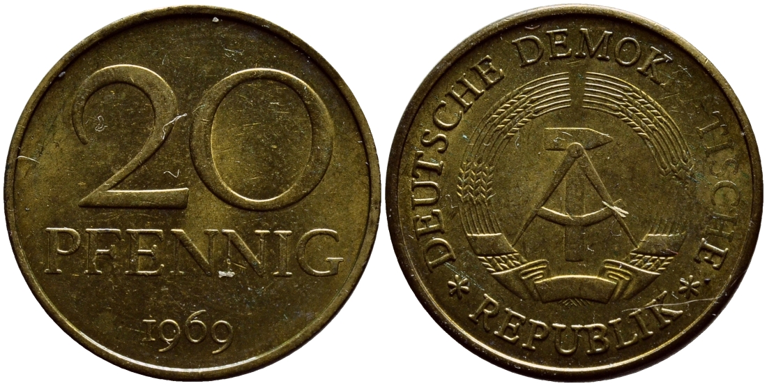 ГДР 20 пфеннигов 1969 А, первый год KM 11 латунь UNC 4398-157