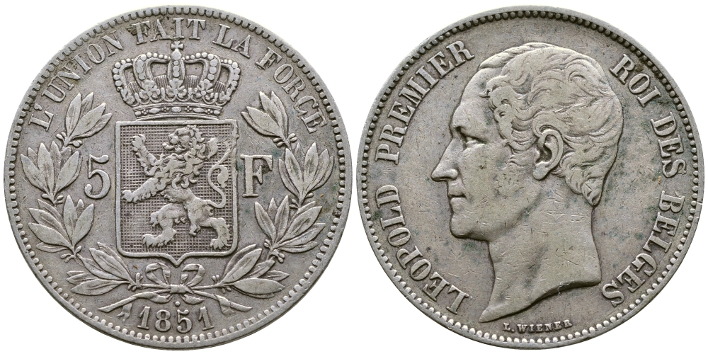 Бельгия 5 франков 1851 Леопольд I (1831-1865), точка над датой KM 17 серебро 00-1067-3-63