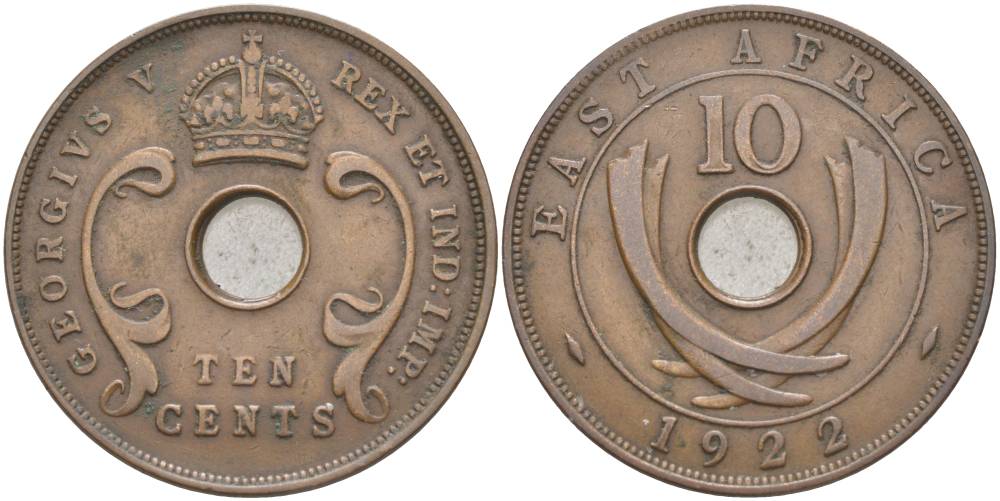 Британская Восточная Африка 10 центов 1922 Георг V (1910-1936) KM 19 бронза 38-531