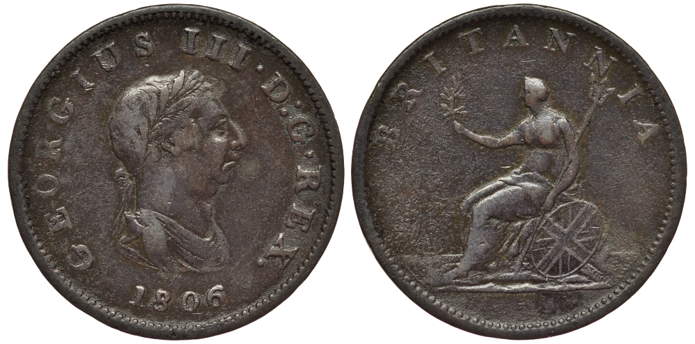 Великобритания 1/2 пенни 1806 Георг III (1760-1820) KM 662, Spink 3781 медь 1529-1112