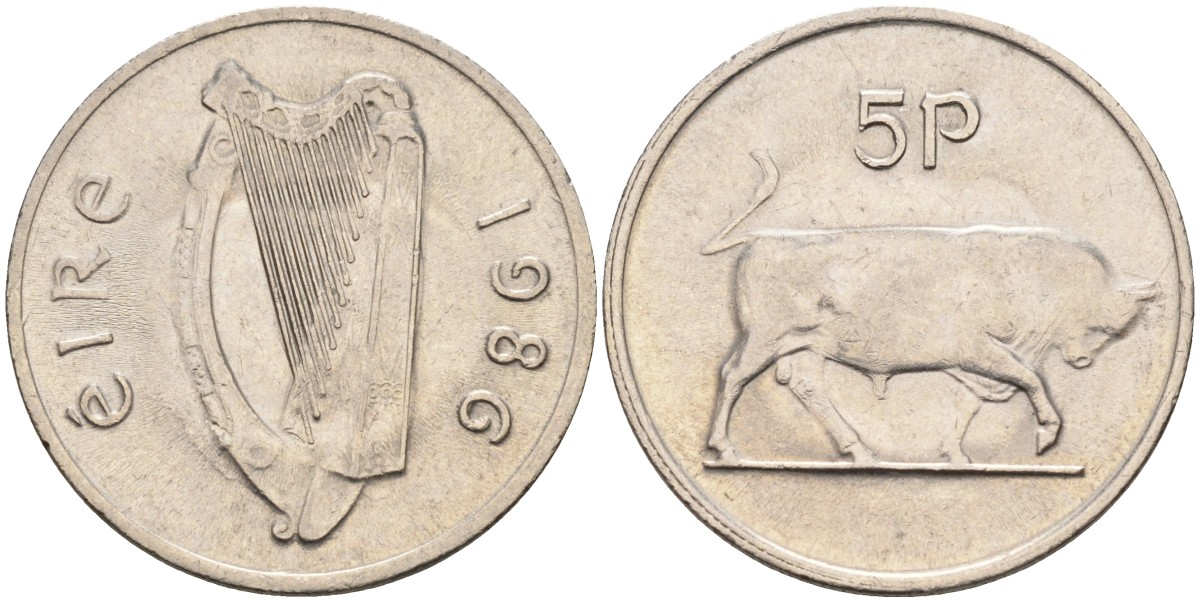 Ирландия 5 пенсов 1986 бык KM 22 медно-никель аUNC 4582-245
