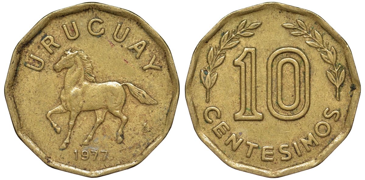 Уругвай 10 сентесимо 1977 KM 66 алюминиевая бронза 4164-757