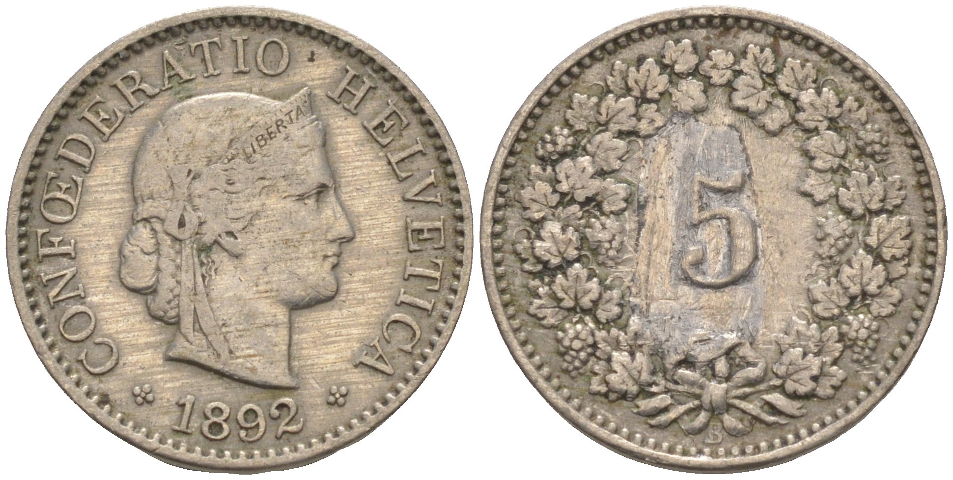 ШВЕЙЦАРИЯ 5 РАППЕНОВ 1892 B KM 26 медно-никель 188-357