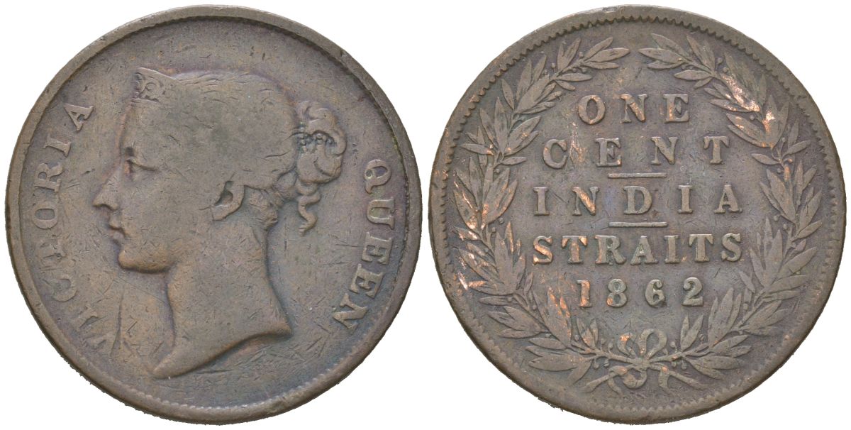 Стрейтс Сетлментс 1 цент 1862 Британская Малайя, Виктория (1837-1901) KM 6 медь 67-946