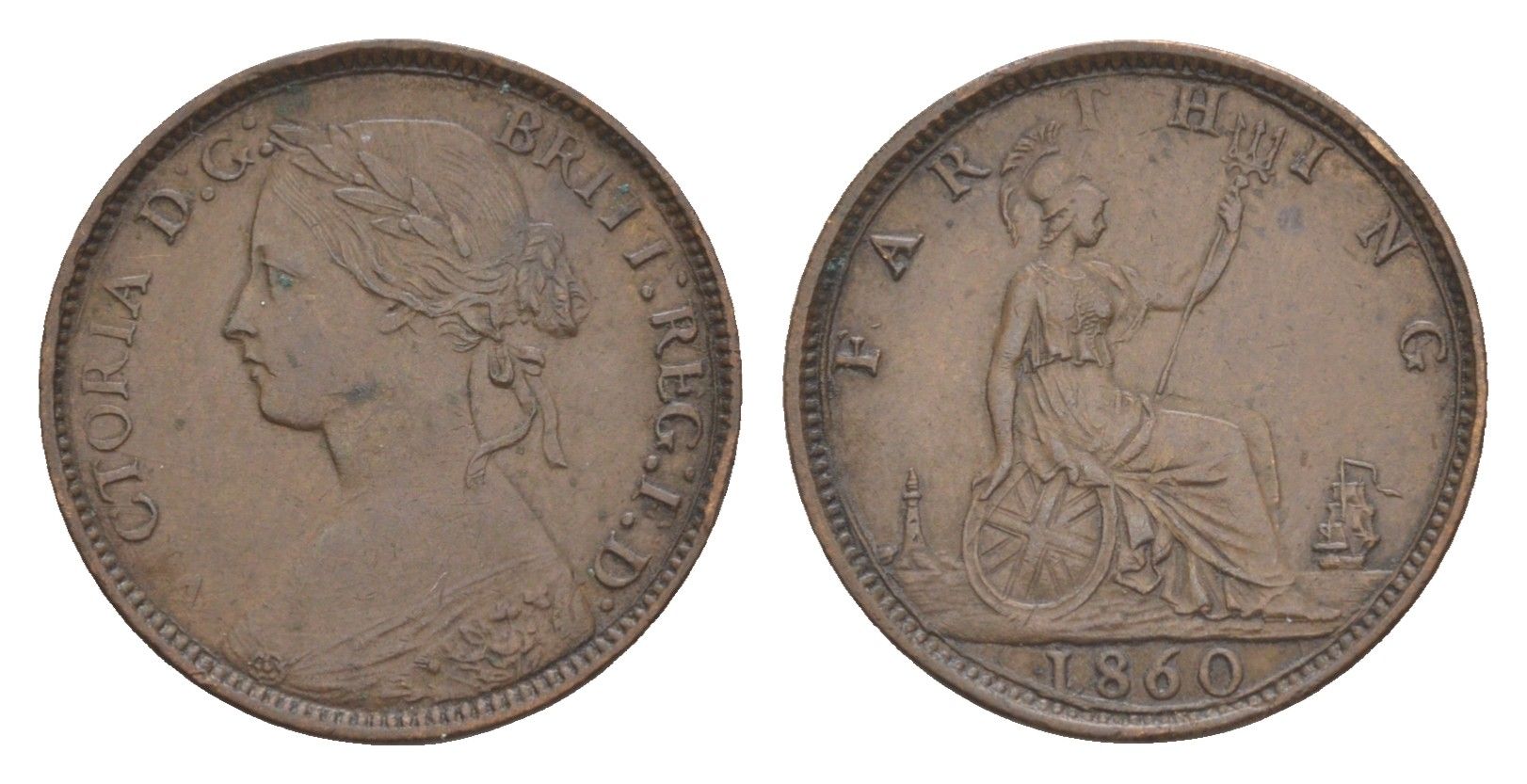 Великобритания 1 фартинг 1860 Виктория (1837-1901), зубчатая кайма KM 747.2, Spink 3958 медь 4644-755