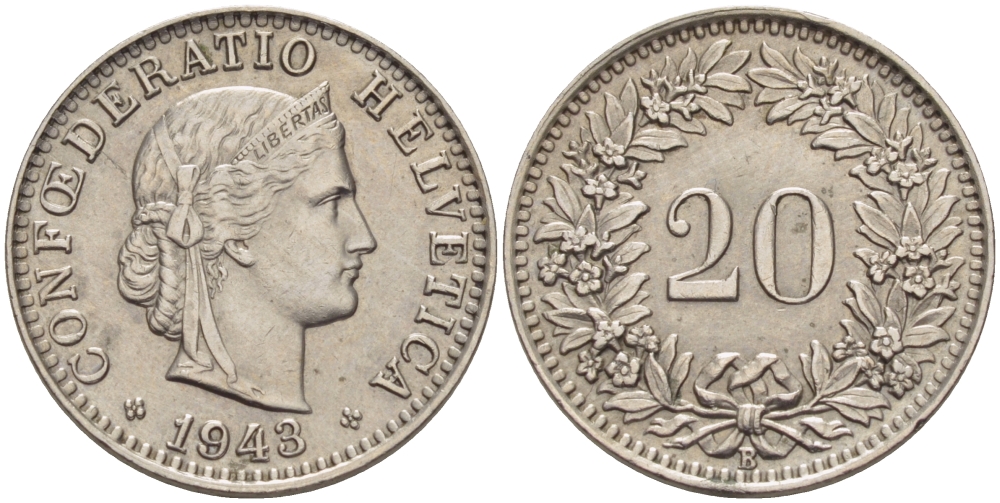 ШВЕЙЦАРИЯ 20 РАППЕНОВ 1943 В KM 29а медно-никель 31-1224