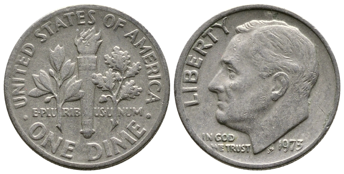 США 10 ЦЕНТОВ = 1 ДАЙМ 1973 РУЗВЕЛЬТ KM 195а медь плакированная медно-никелем 73-646