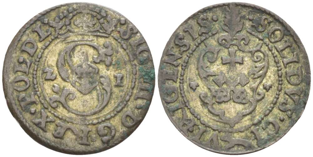 Рига 1 шиллинг (шеляг) 1621 Сигизмунд III (1587-1632), вес 0,72 гр. KM 5 серебро 1517-133