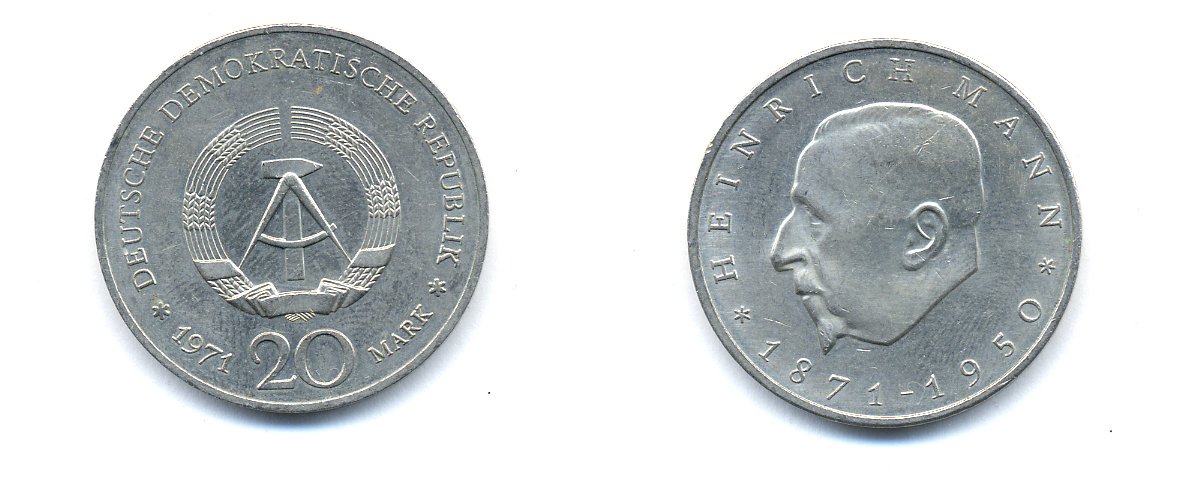 ГДР 20 марок 1971 А, 100 лет со дня рождения Генриха Манна (1871-1950) KM 33, J. 1531 медно-никель 3333-331