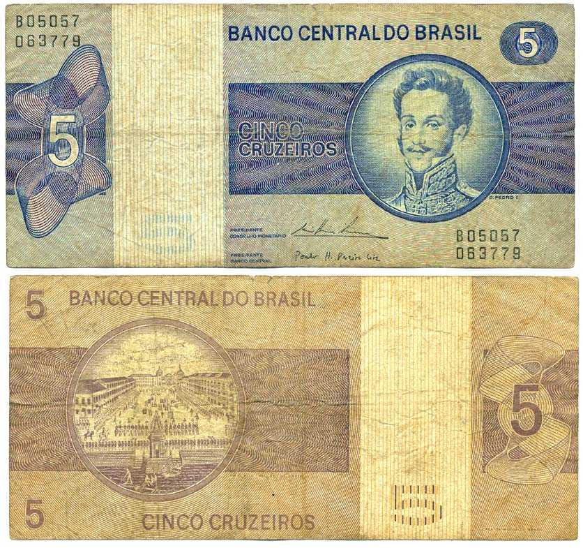 БРАЗИЛИЯ 5 КРУЗЕЙРО 1974 ПОДПИСЬ 18, ПЕДРУ I, ИМПЕРАТОР БРАЗИЛЬСКОЙ ИМПЕРИИ Pick 192c бумага 7375-32-4-2