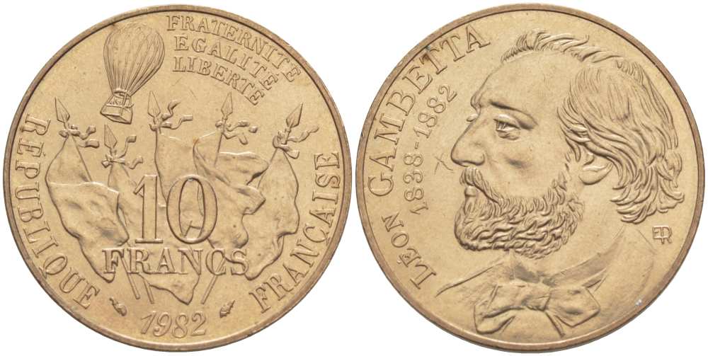 ФРАНЦИЯ 10 ФРАНКОВ 1982 100 ЛЕТ СО ДНЯ СМЕРТИ ЛЕОНА МИШЕЛЯ ГАМБЕТТЫ KM 950, LE FRANC 366.2 никель бронза 215-622