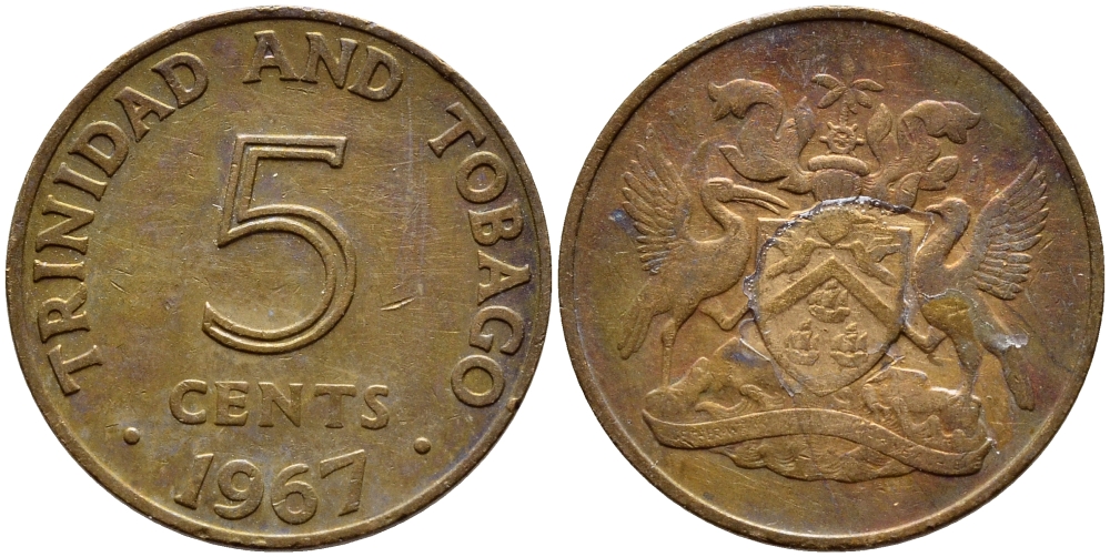 Тринидад и Тобаго 5 центов 1967 герб KM 2 бронза 4396-1057
