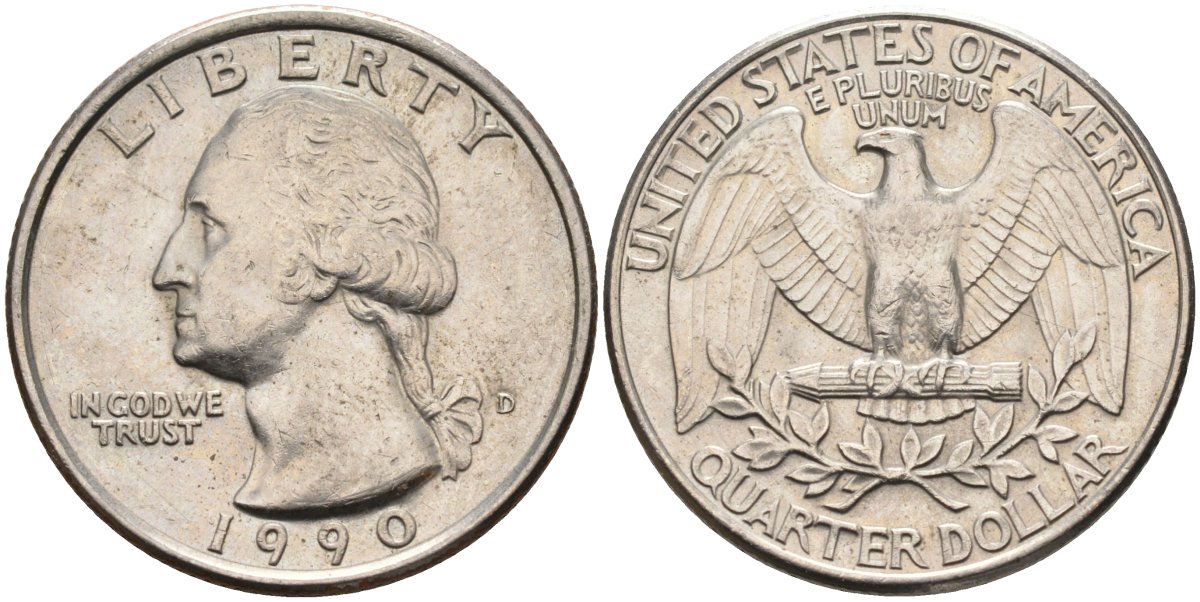 США 25 центов = квотер 1990 D, Вашингтон KM A164a медь плакированная медно-никелем 4584-1253