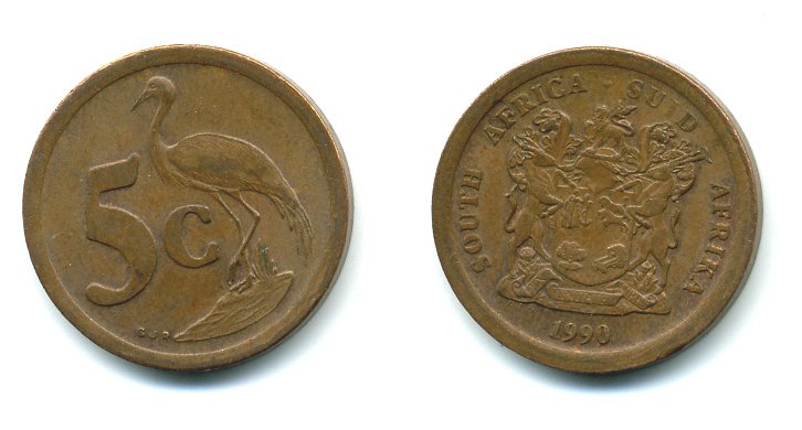 ЮАР 5 ЦЕНТОВ 1990 ГЕРБ, РАЙСКИЙ ЖУРАВЛЬ KM 134 сталь плакированная медью 4364-1124