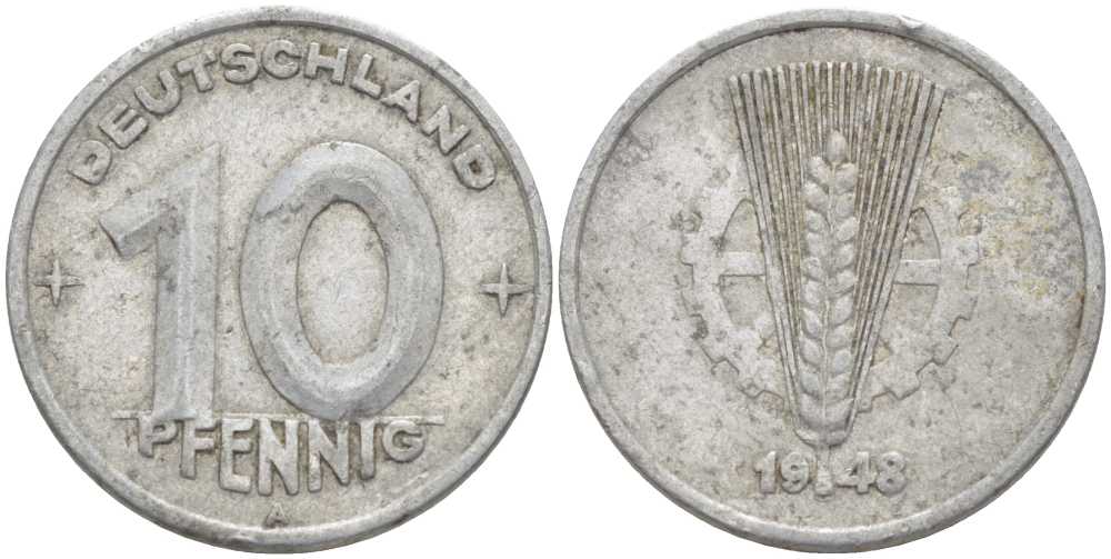 ГДР 10 ПФЕННИГОВ 1948 A KM 3 алюминий 212-847