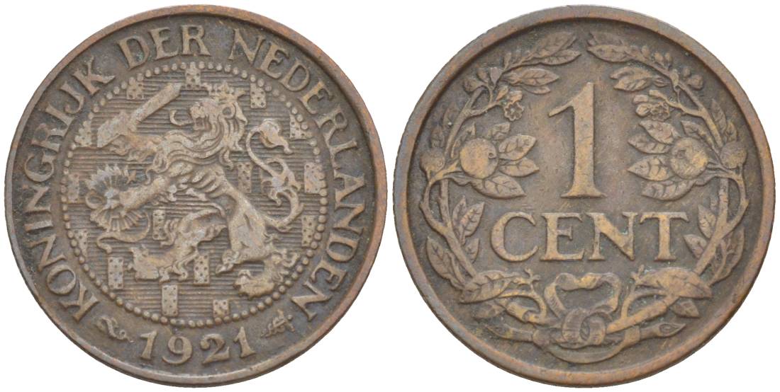 НИДЕРЛАНДЫ 1 ЦЕНТ 1921 ВИЛЬГЕЛЬМИНА I (1891-1948) KM 152 бронза 4532-619