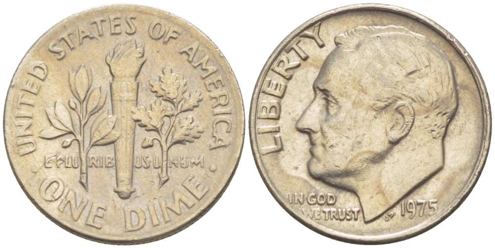 США 10 ЦЕНТОВ = ДАЙМ 1975 РУЗВЕЛЬТ KM 195а медь плакированная медно-никелем 211-1266