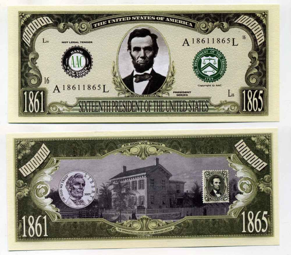 США 1000000 ДОЛЛАРОВ ND СУВЕНИРНАЯ БАНКНОТА, АБРАМ ЛИНКОЛЬН, 16 ПРЕЗИДЕНТ СОЕДИНЕННЫХ ШТАТОВ (1861-1865) бумага UNC (ПРЕСС) 8588-72-1-1
