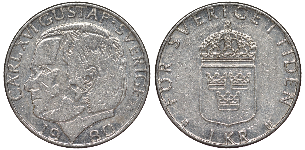 Швеция 1 крона 1980 Карл XVI Густав (1973- ) KM 852 медь плакированная медно-никелем 25-1943
